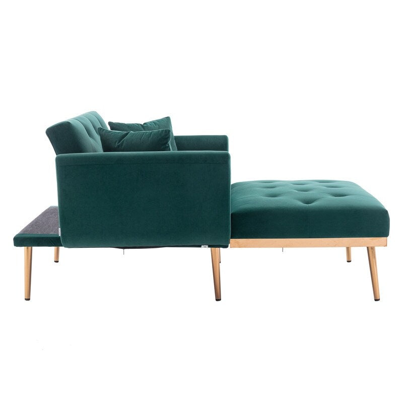 Vintage Tufted Chaise Lounge Velvet Accent Chair Living Room Arm Chairs with Chair & Ottoman Sets and Metal Legs, Green