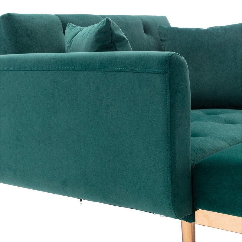 Vintage Tufted Chaise Lounge Velvet Accent Chair Living Room Arm Chairs with Chair & Ottoman Sets and Metal Legs, Green