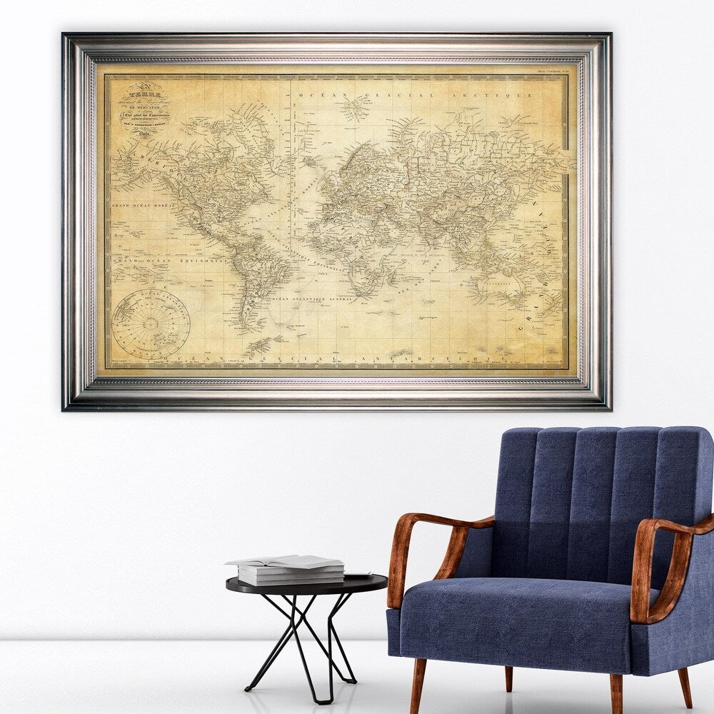 Vintage Wold Map v Parchment -Silver Frame