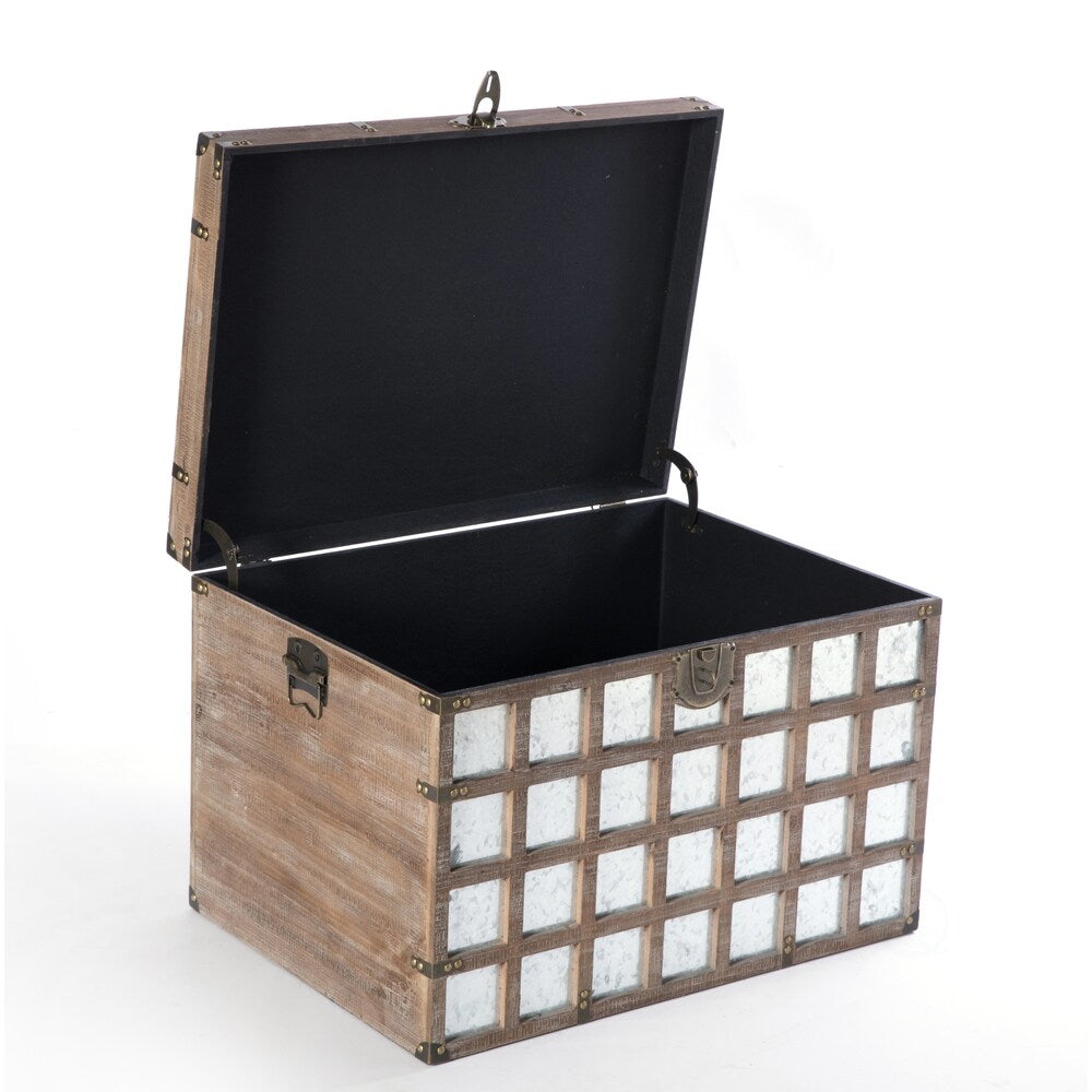 Vintorary Wooden Rectangle Galvanized Metal Lined Storage Trunk, Large