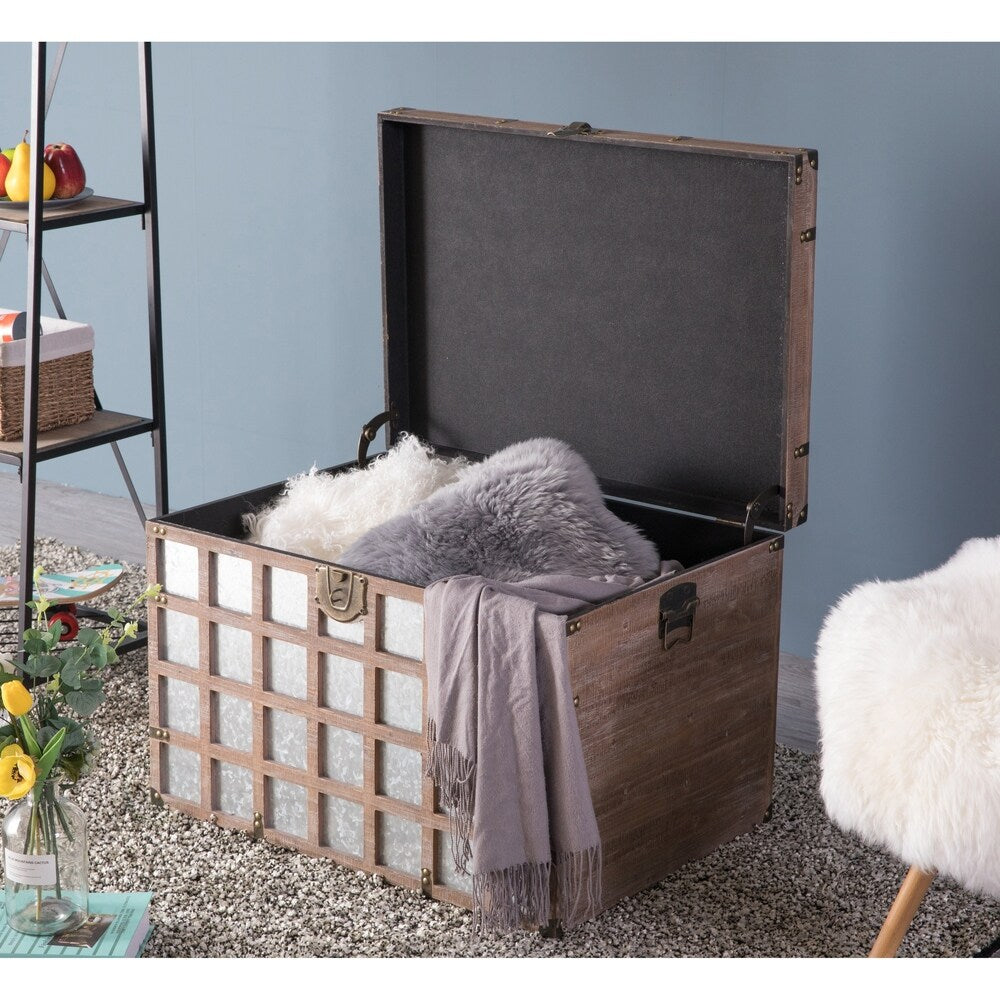 Vintorary Wooden Rectangle Galvanized Metal Lined Storage Trunk, Large
