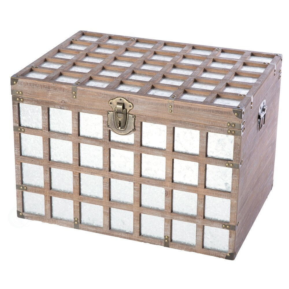 Vintorary Wooden Rectangle Galvanized Metal Lined Storage Trunk, Large