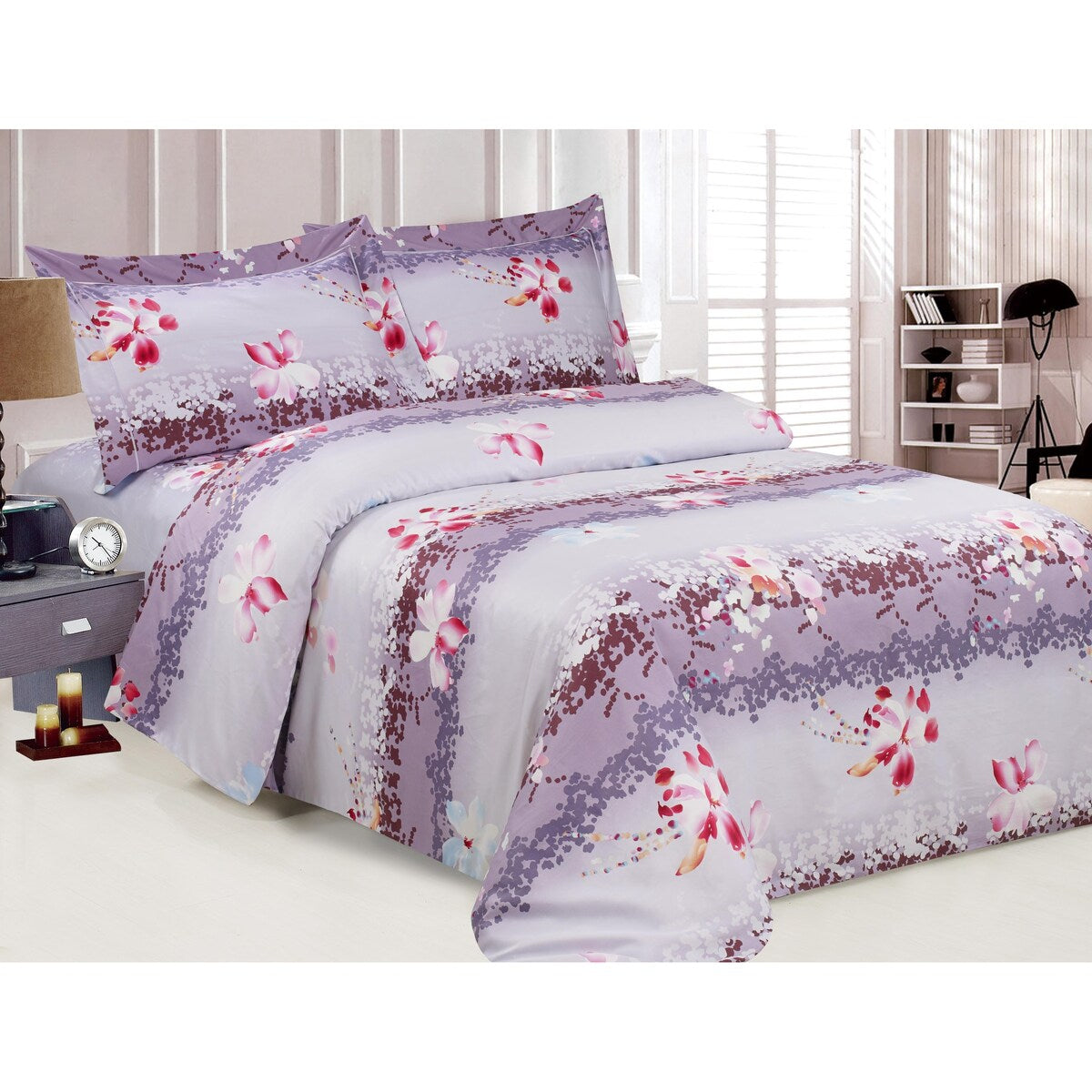 Violet Linen French Sparkling Peach Blossom Pattern, 300 Thread Count Sateen Cotton, Purple, 8 Piece, Bedding Duvet Cover Set