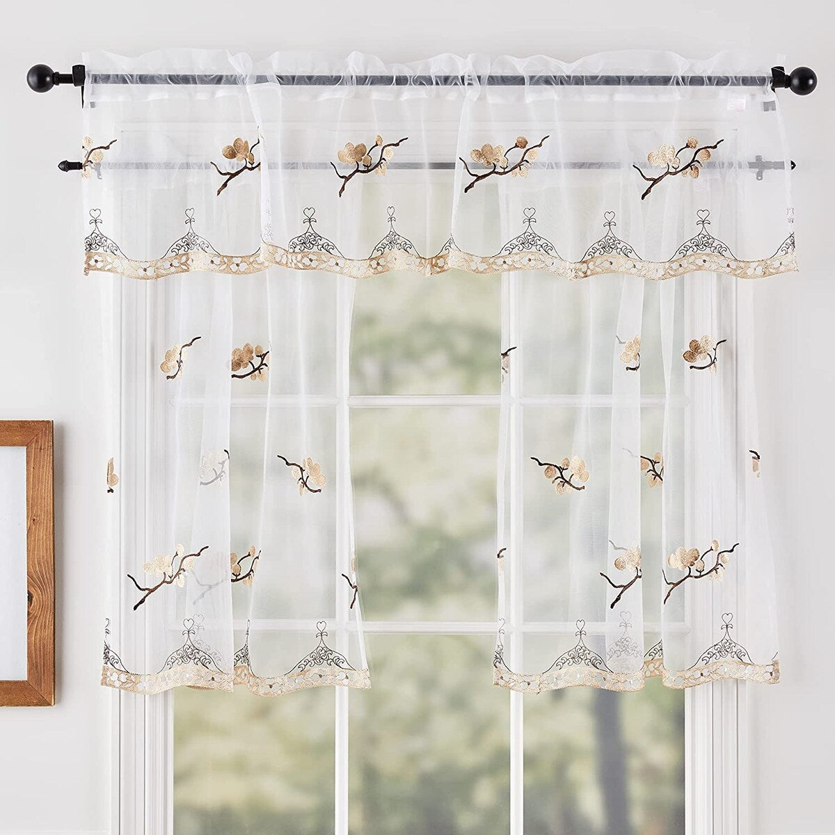 Violet Linen Leaves Vintage Boutique Lace, Leaves, 3pc Set 60" x 18" Valance, 30" x 36" Tiers, Decorative Window Kitchen Curtain