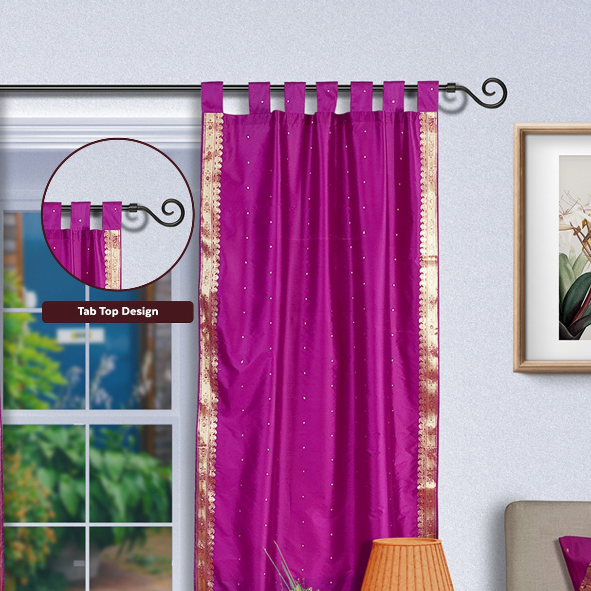 Violet Red Tab Top Sheer Sari Curtain / Drape / Panel - Pair