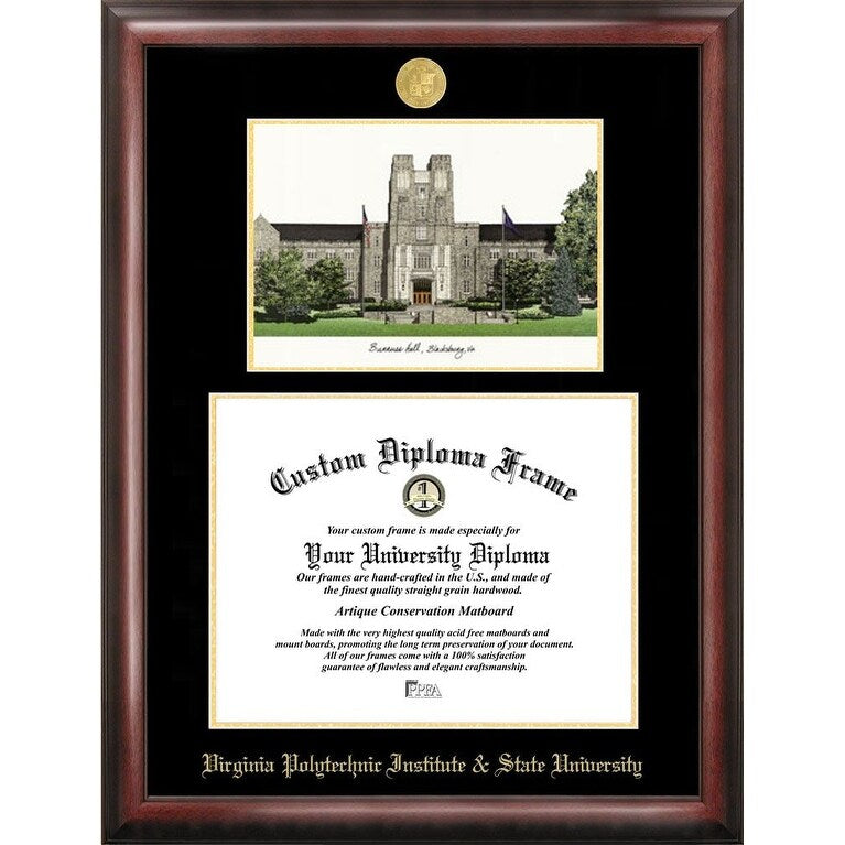 Virginia Tech 15.5w x 13.5h Gold Embossed Diploma Frame with Campus Images Lithograph