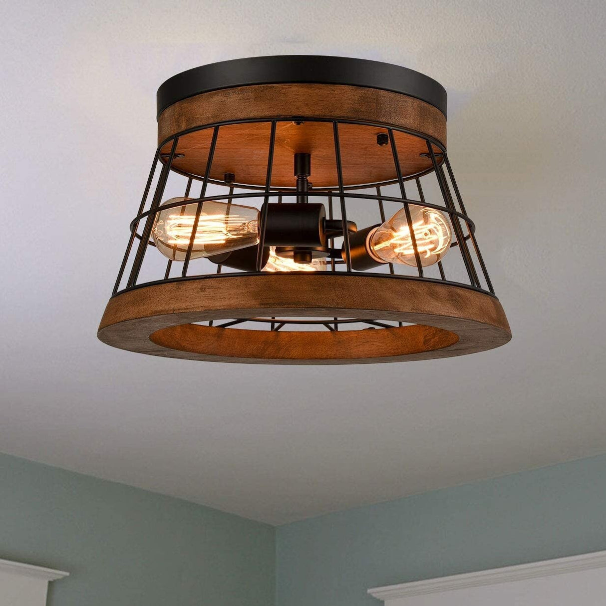 Viterbo Farmhouse Round Ceiling Light Rustic Brown Finished Solid Oak Wood - Natural & Black
