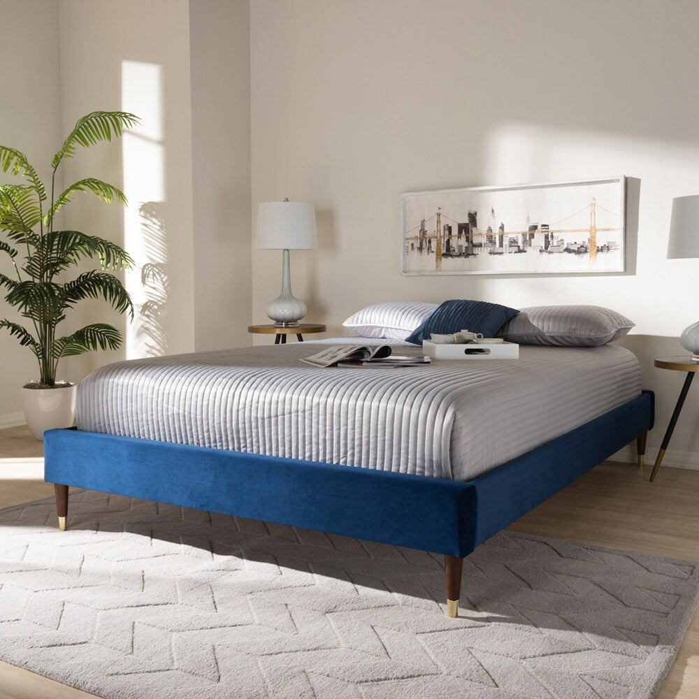 Volden Glam And Navy Blue Velvet Fabric Upholstered King Size Wood Platform Bed Frame With Gold-Tone Leg Tips