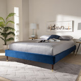 Volden Glam And Navy Blue Velvet Fabric Upholstered King Size Wood Platform Bed Frame With Gold-Tone Leg Tips
