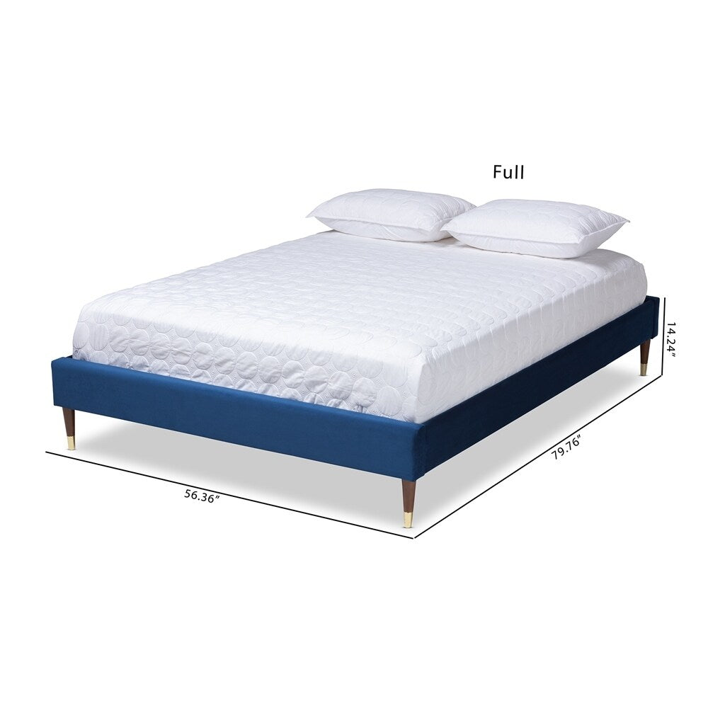 Volden Glam And Navy Blue Velvet Fabric Upholstered King Size Wood Platform Bed Frame With Gold-Tone Leg Tips