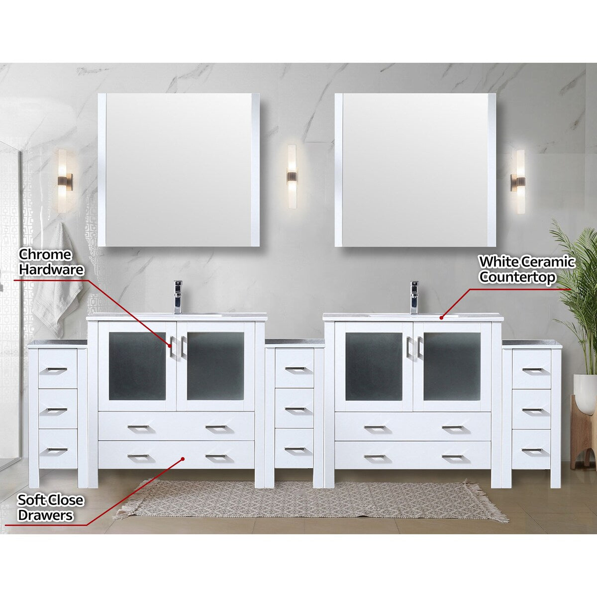 Volez Double Bath Vanity with Side Cabinets, White Ceramic Top, 34 in Mirrors and Faucet Set - 108