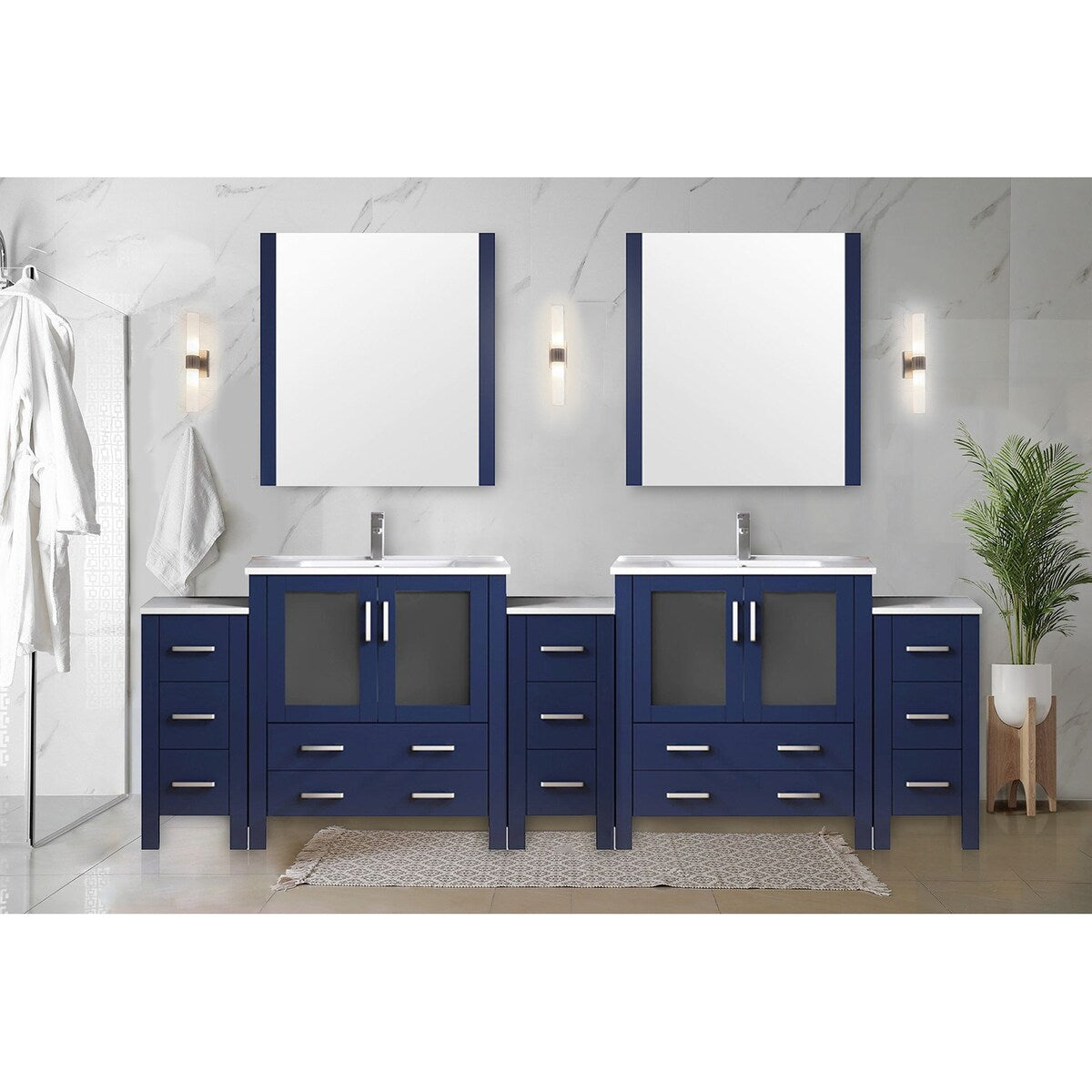 Volez Double Bath Vanity with Side Cabinets, White Ceramic Top, 34 in Mirrors and Faucet Set - 108