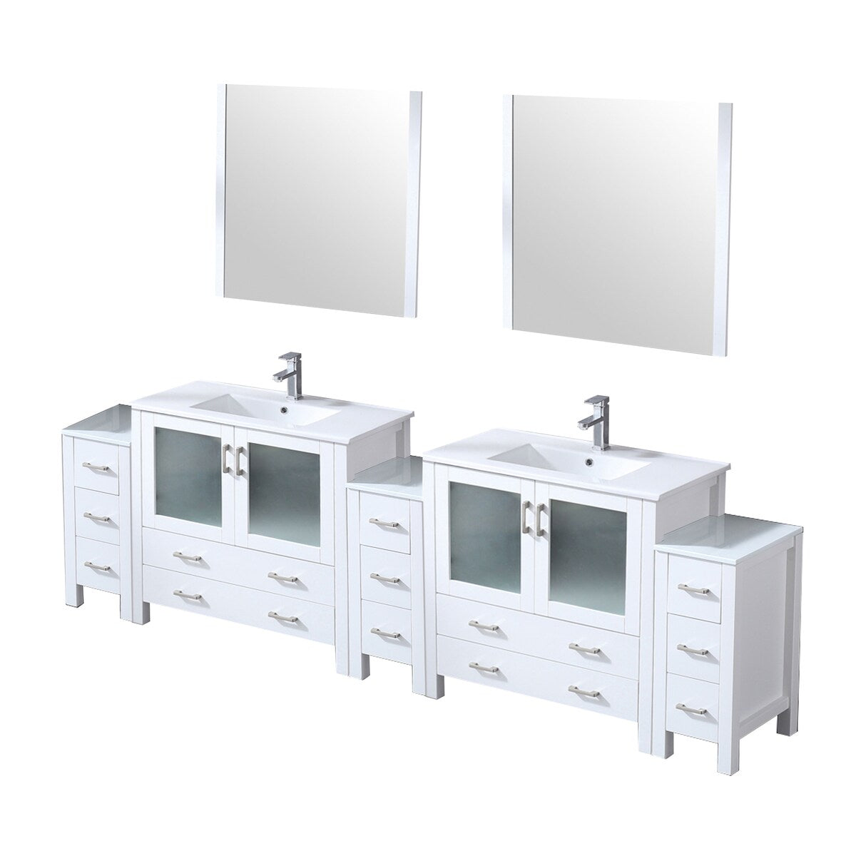 Volez Double Bath Vanity with Side Cabinets, White Ceramic Top, 34 in Mirrors and Faucet Set - 108