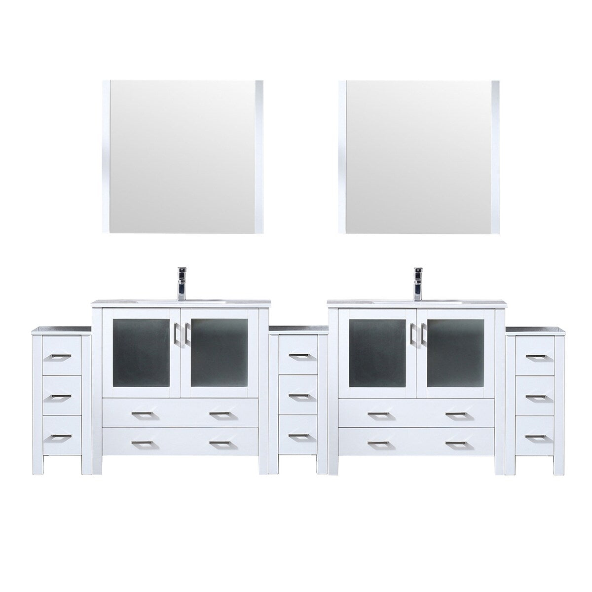 Volez Double Bath Vanity with Side Cabinets, White Ceramic Top, 34 in Mirrors and Faucet Set - 108
