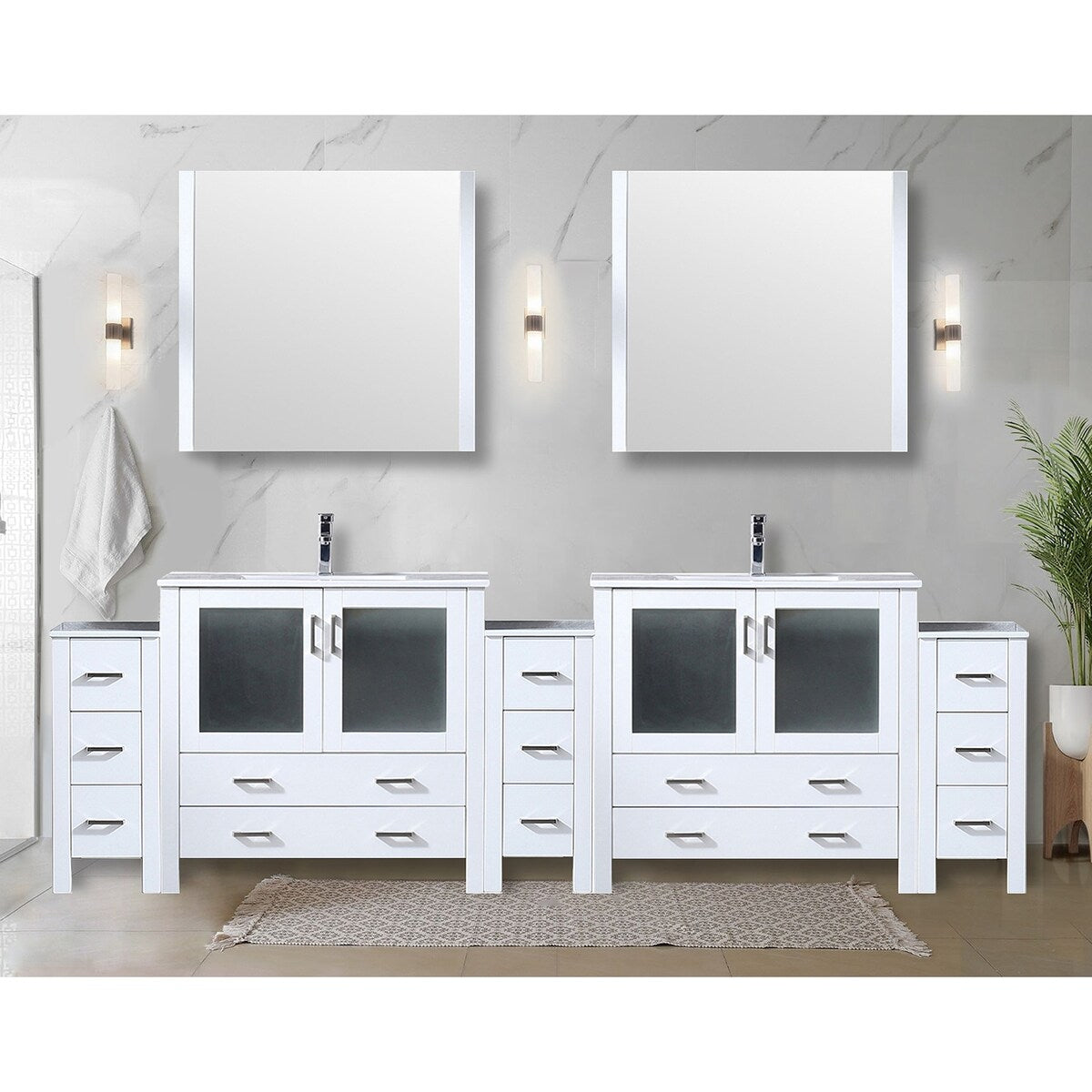 Volez Double Bath Vanity with Side Cabinets, White Ceramic Top, 34 in Mirrors and Faucet Set - 108