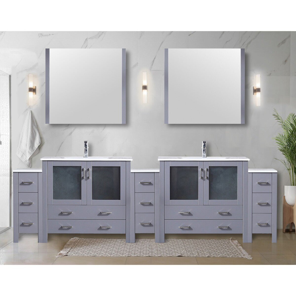 Volez Double Bath Vanity with Side Cabinets, White Ceramic Top, 34 in Mirrors and Faucet Set - 108