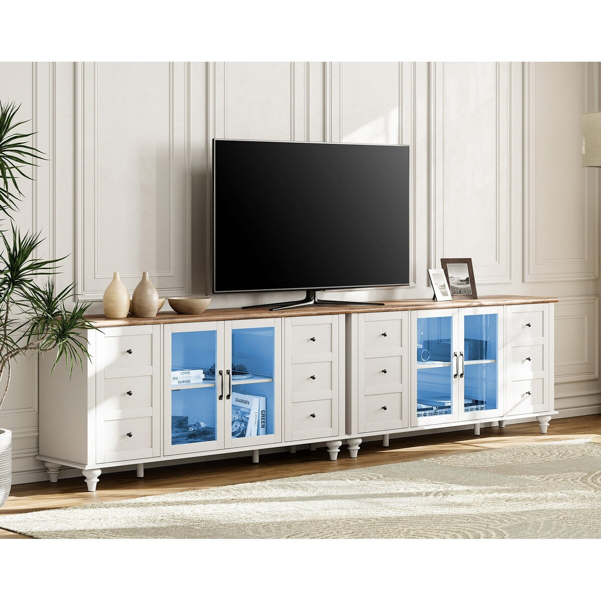WAMPAT Farmhouse 2 in 1 TV Stand with Glass Door for up to 110" TVs, Modern Entertainment Center with LED Light - 116''