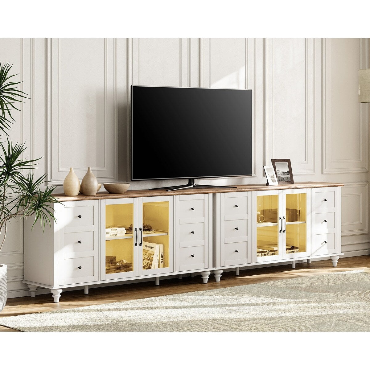 WAMPAT Farmhouse 2 in 1 TV Stand with Glass Door for up to 110" TVs, Modern Entertainment Center with LED Light - 116''