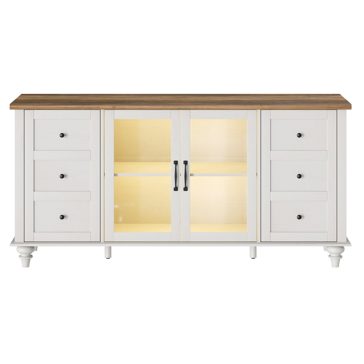 WAMPAT Farmhouse TV Stand with Storage Cabinet, Glass and Wood Entertainment Center Console Table