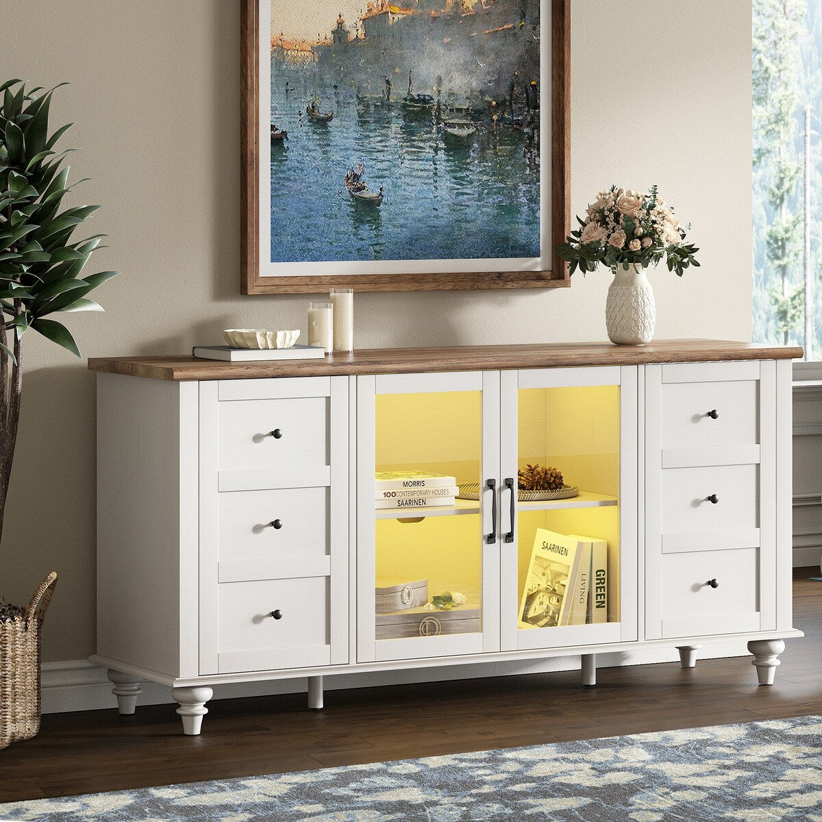 WAMPAT Farmhouse TV Stand with Storage Cabinet, Glass and Wood Entertainment Center Console Table