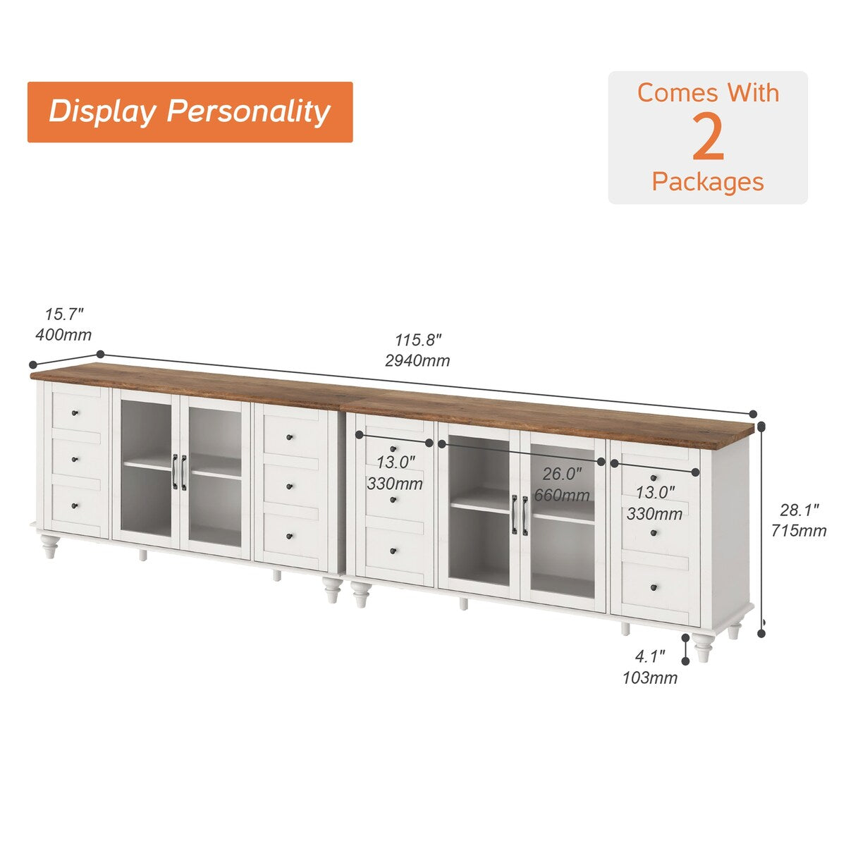 WAMPAT Farmhouse TV Stand with Storage Cabinet, Glass and Wood Entertainment Center Console Table