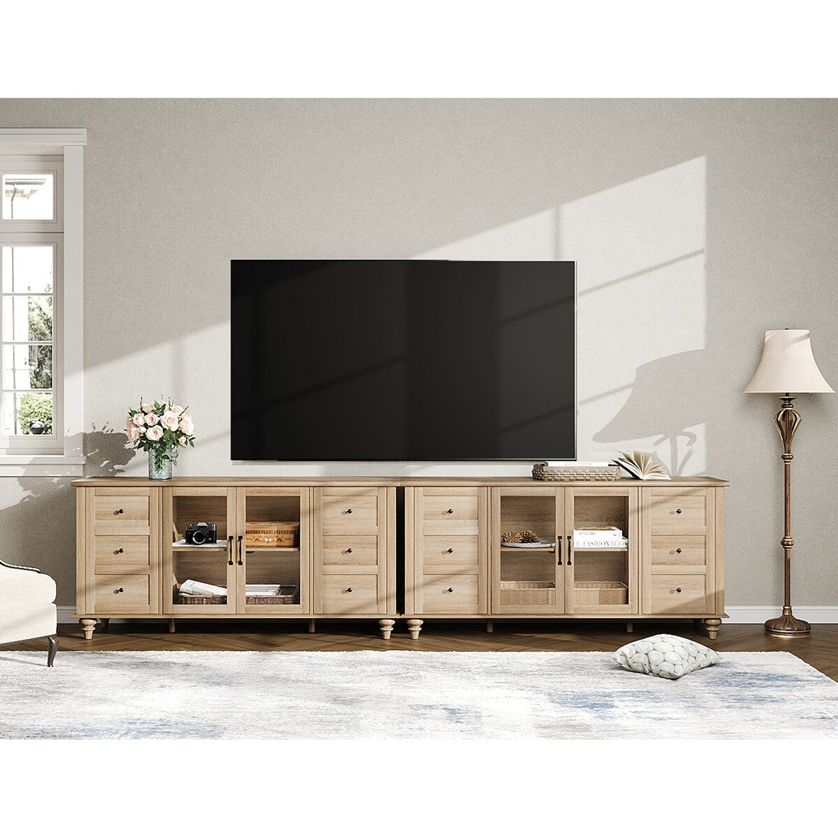 WAMPAT Glass Door Farmhouse TV Stand for TVs Up to 75 inch, Wood Universal TV Console Table