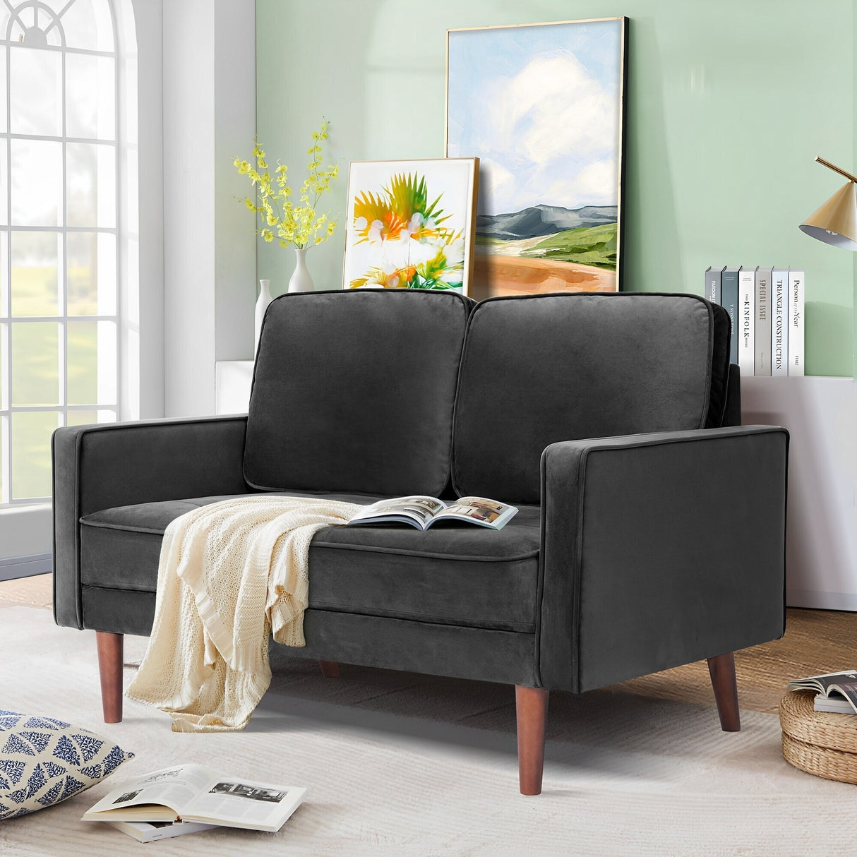 WANSE Velvet 50" Square Arm Loveseat,Solid Wood Frame,Easy Assembly