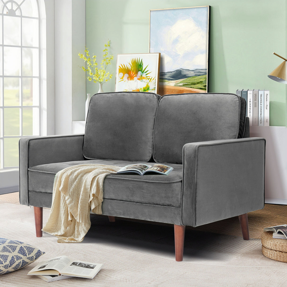 WANSE Velvet 50" Square Arm Loveseat,Solid Wood Frame,Easy Assembly