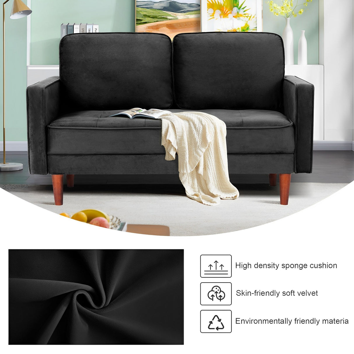 WANSE Velvet 50" Square Arm Loveseat,Solid Wood Frame,Easy Assembly