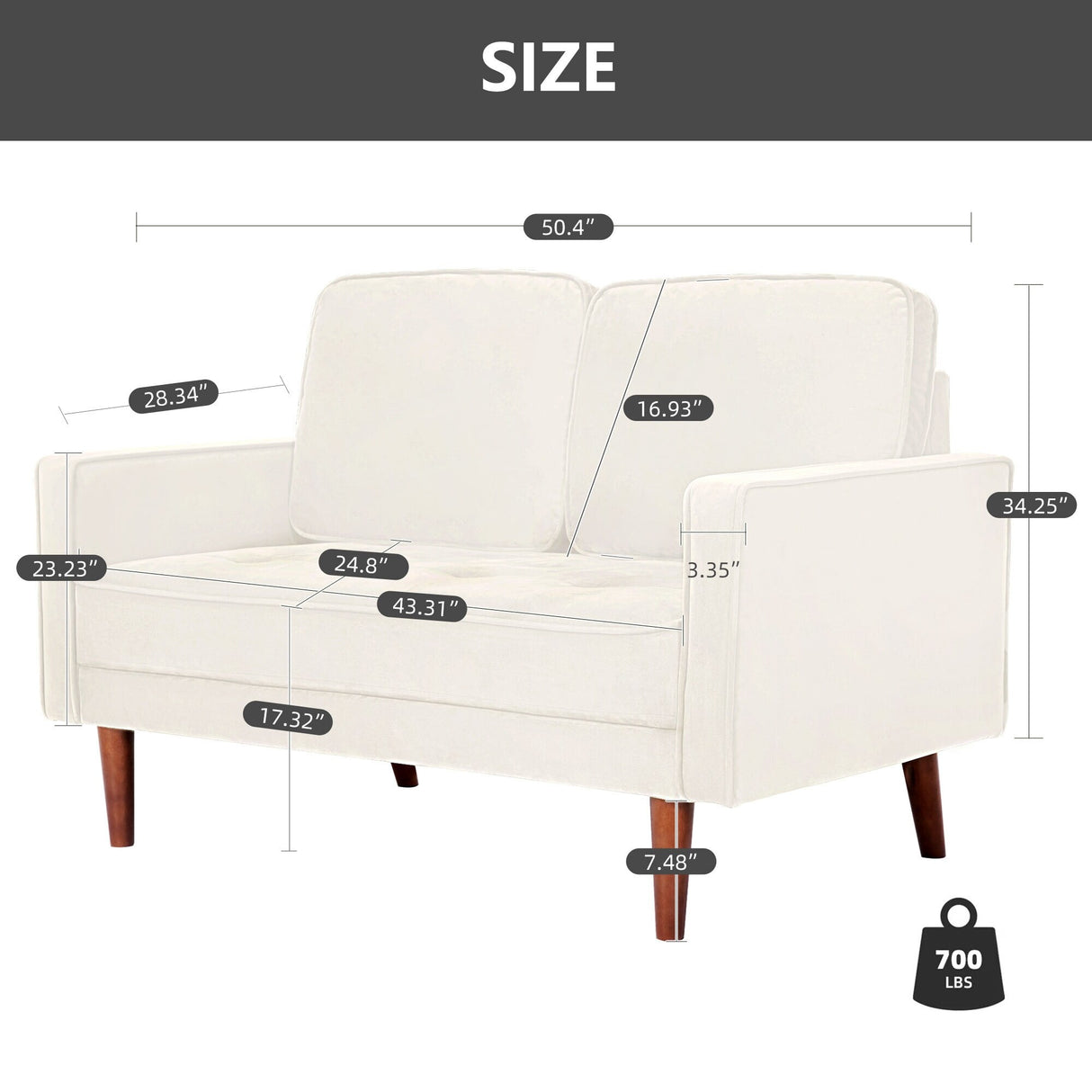 WANSE Velvet 50" Square Arm Loveseat,Solid Wood Frame,Easy Assembly