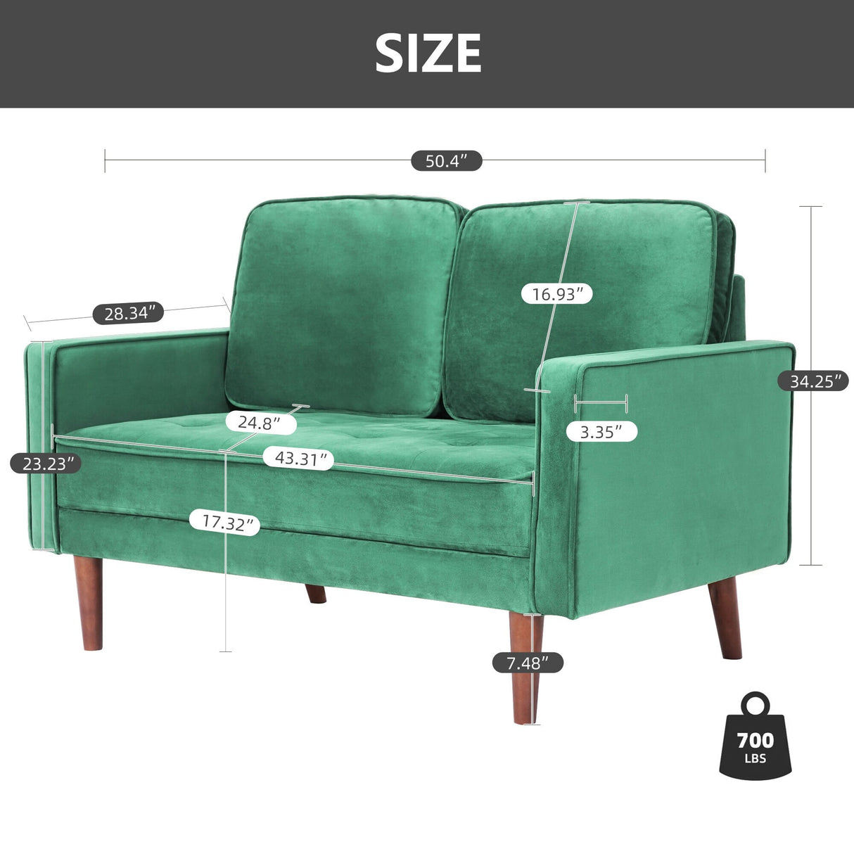 WANSE Velvet 50" Square Arm Loveseat,Solid Wood Frame,Easy Assembly