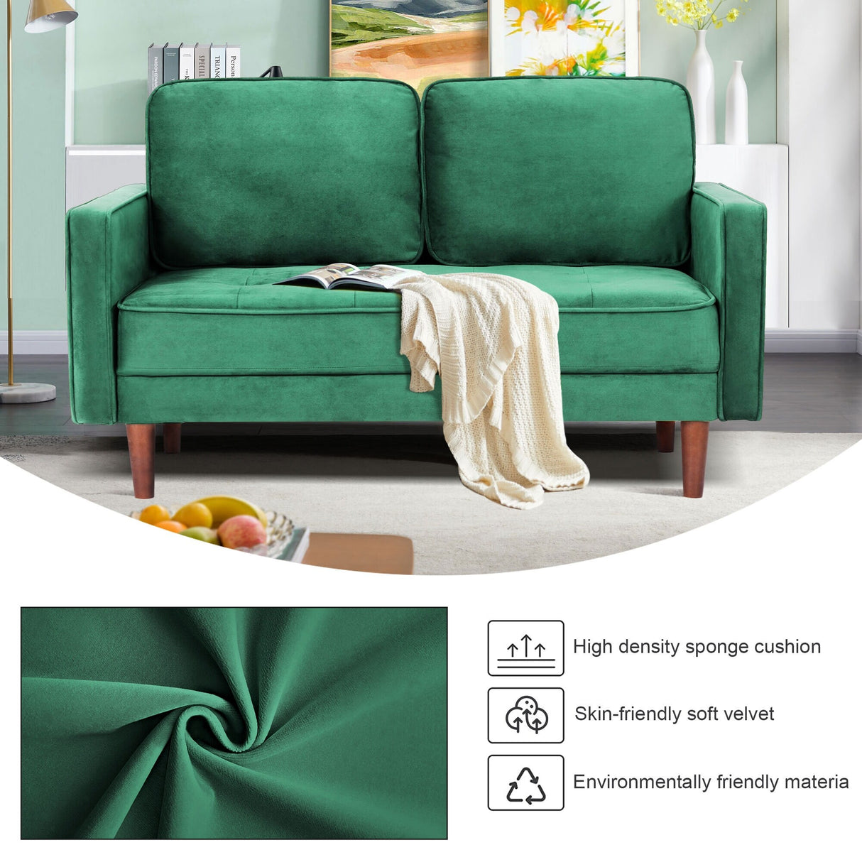 WANSE Velvet 50" Square Arm Loveseat,Solid Wood Frame,Easy Assembly