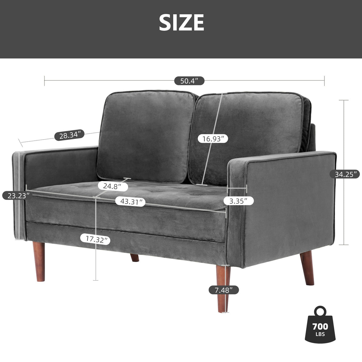 WANSE Velvet 50" Square Arm Loveseat,Solid Wood Frame,Easy Assembly