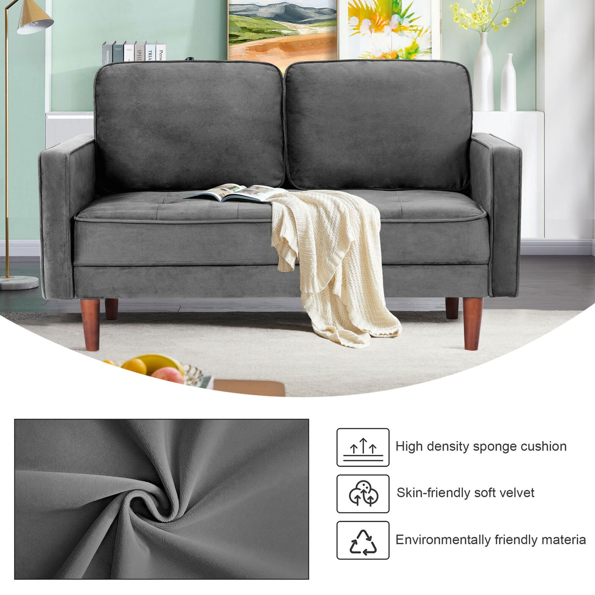 WANSE Velvet 50" Square Arm Loveseat,Solid Wood Frame,Easy Assembly