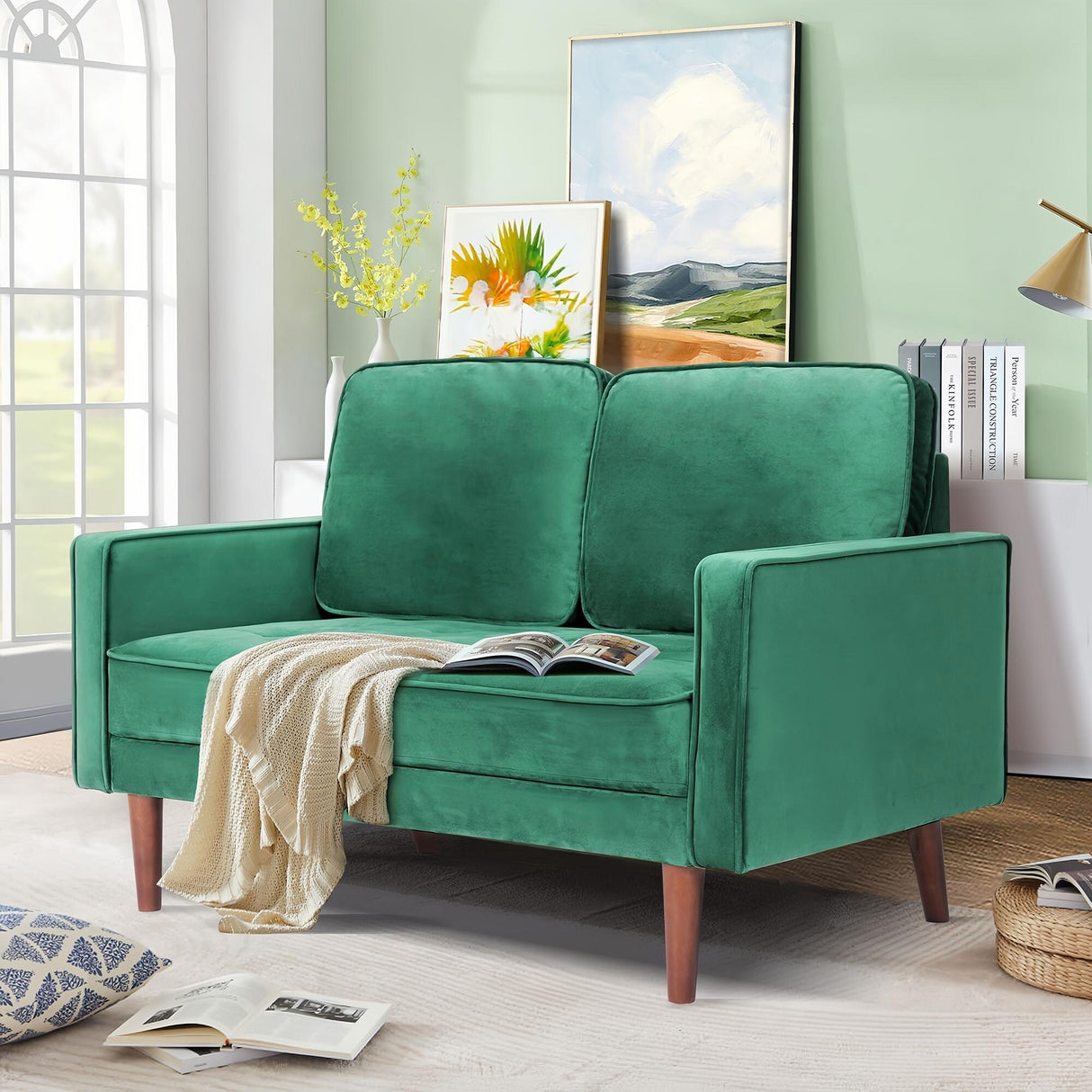 WANSE Velvet 50" Square Arm Loveseat,Solid Wood Frame,Easy Assembly