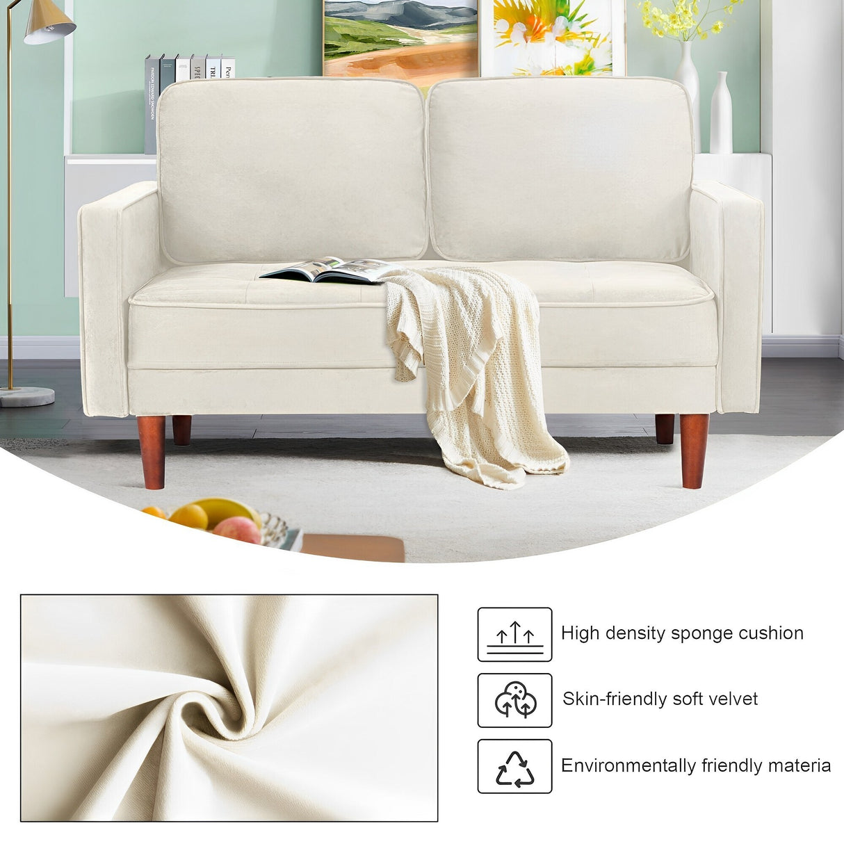 WANSE Velvet 50" Square Arm Loveseat,Solid Wood Frame,Easy Assembly