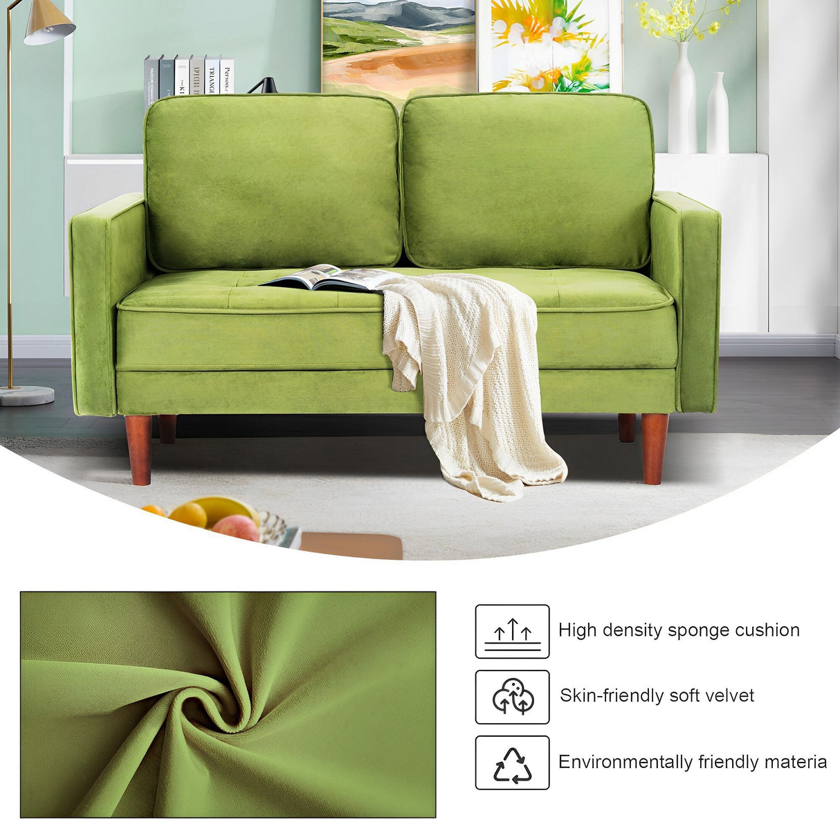 WANSE Velvet 50" Square Arm Loveseat,Solid Wood Frame,Easy Assembly