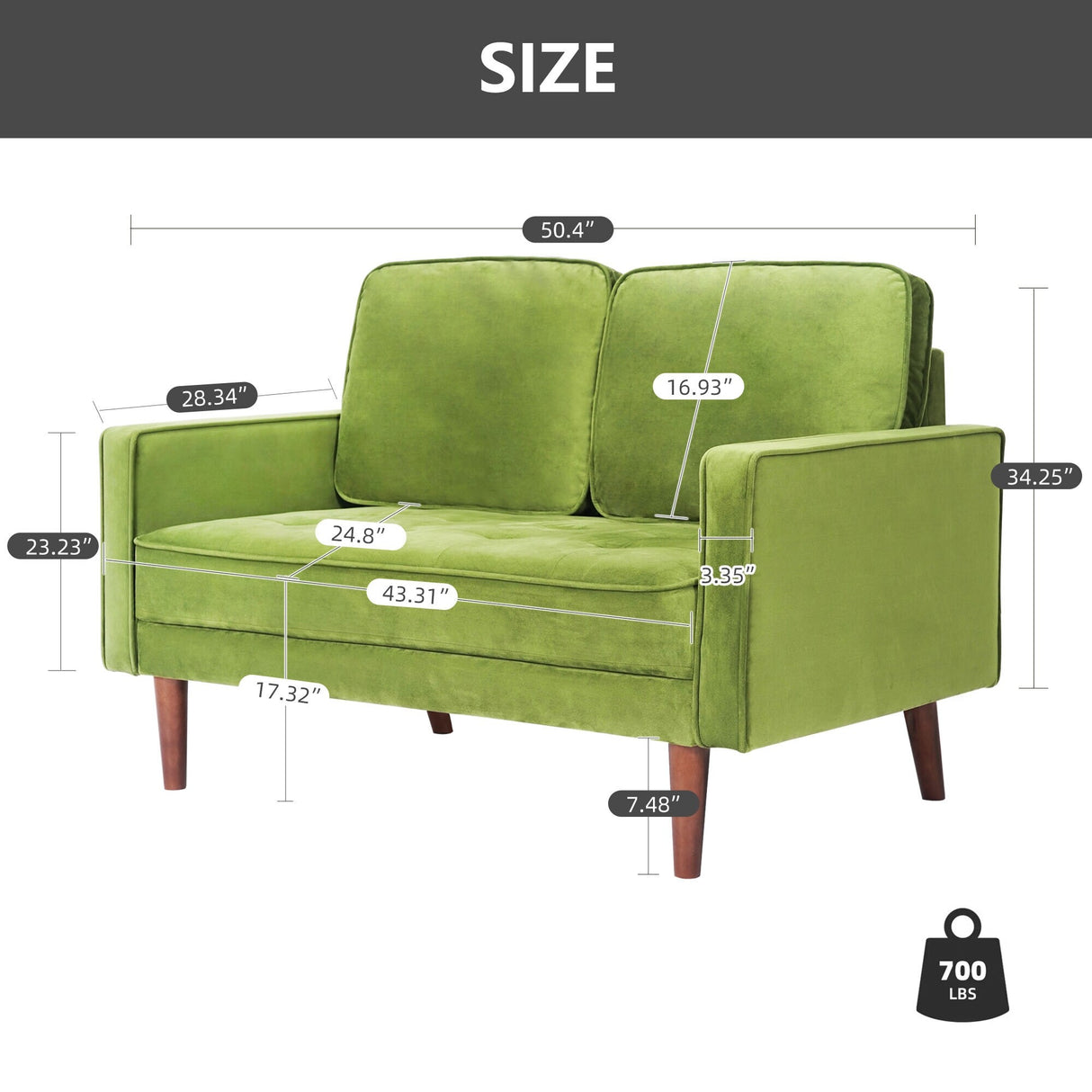 WANSE Velvet 50" Square Arm Loveseat,Solid Wood Frame,Easy Assembly