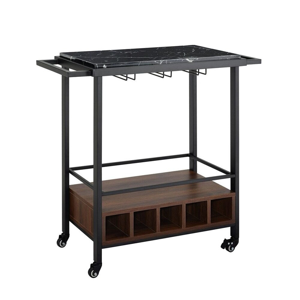 WE Furniture 34" White Marble Serving Bar Cart with Dark Walnut Base