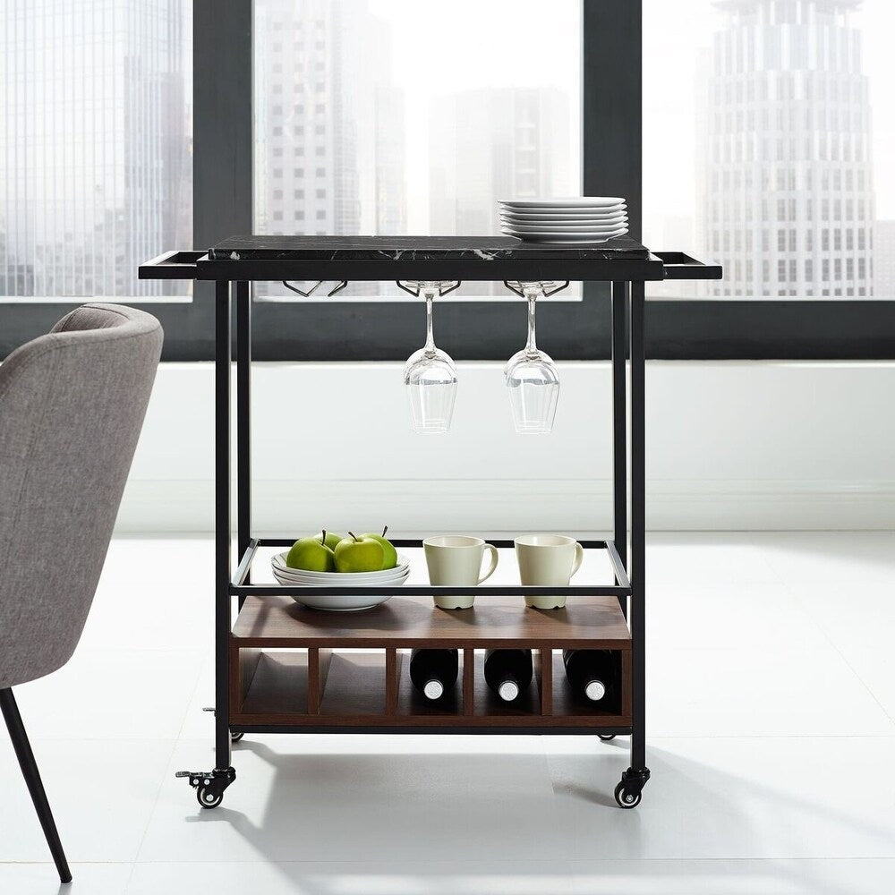 WE Furniture 34" White Marble Serving Bar Cart with Dark Walnut Base