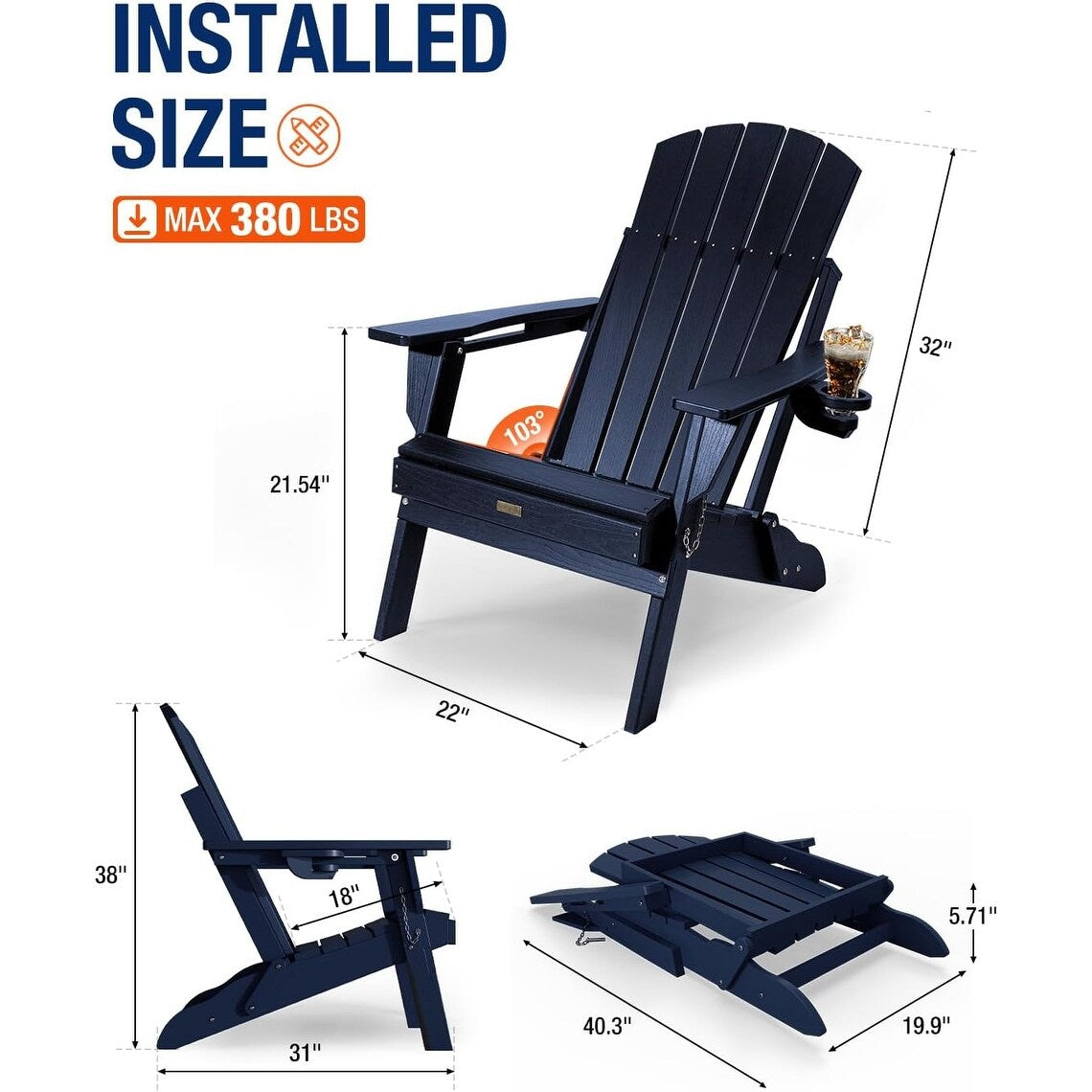 WINSOON All Weather HDPE Outdoor Folding Adirondack Chair With Cup Holder,Set of 2