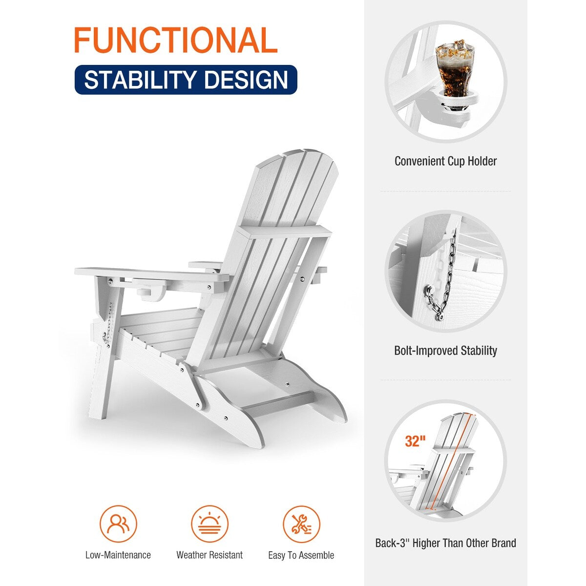 WINSOON All Weather HDPE Outdoor Folding Adirondack Chair With Cup Holder,Set of 2