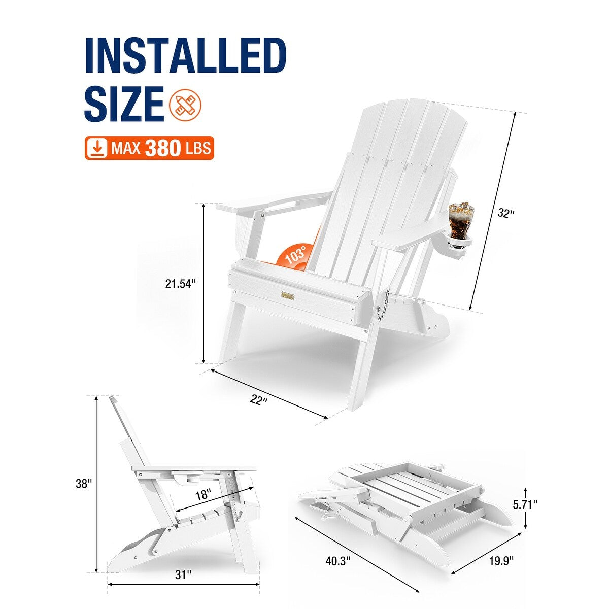 WINSOON All Weather HDPE Outdoor Folding Adirondack Chair With Cup Holder,Set of 2