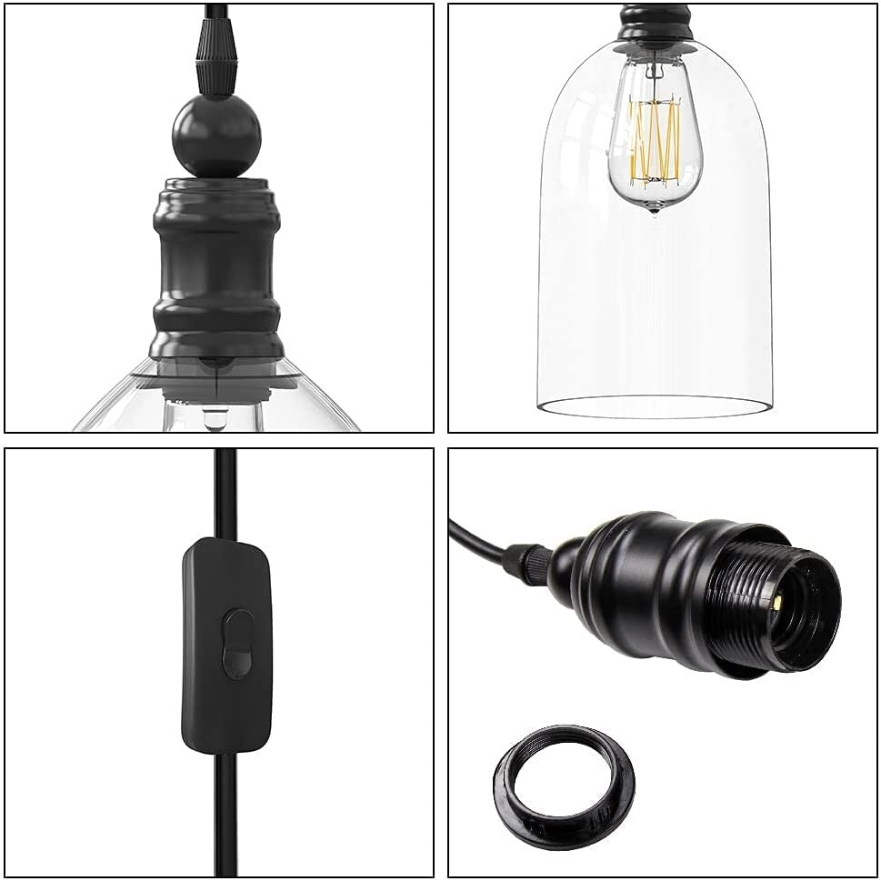 WINSOON Pendant Light Plug in for Kitchen Dining Room Bars with 15FT Cord Clear Glass Shade