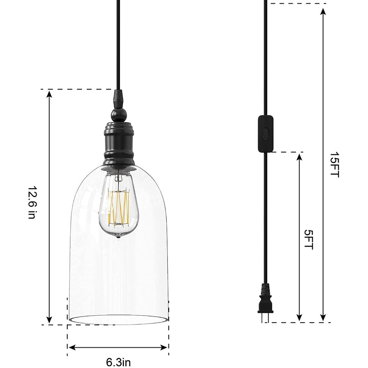 WINSOON Pendant Light Plug in for Kitchen Dining Room Bars with 15FT Cord Clear Glass Shade