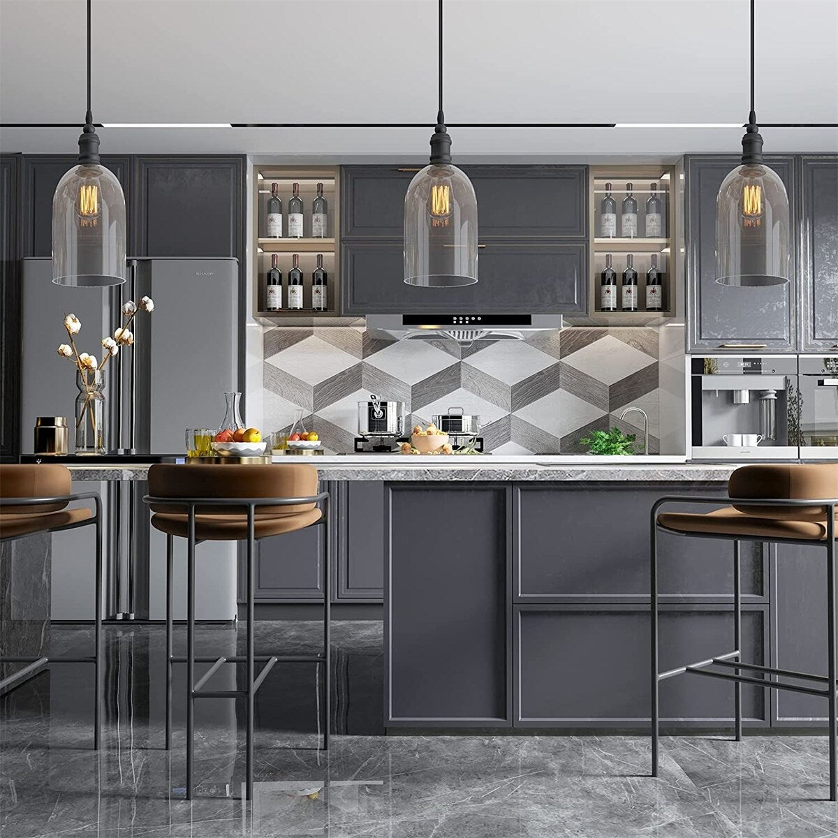 WINSOON Pendant Light Plug in for Kitchen Dining Room Bars with 15FT Cord Clear Glass Shade