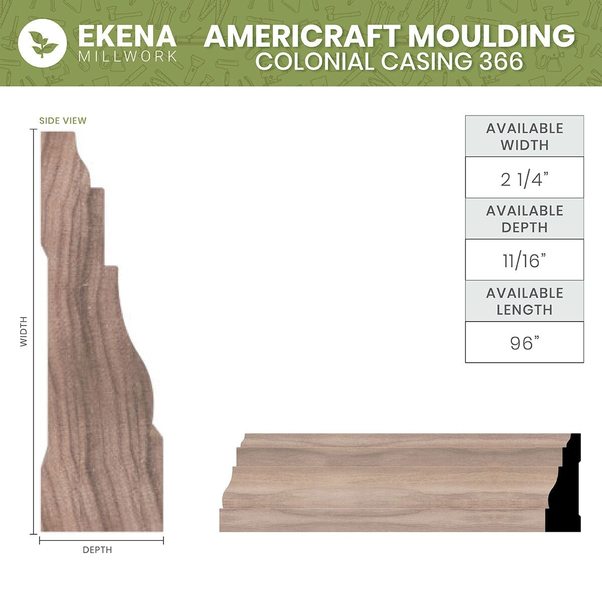 WM366 11/16-in D x 2-1/4-in W x 96-in L Americraft Solid Hardwood Stain Grade Colonial Casing Moulding