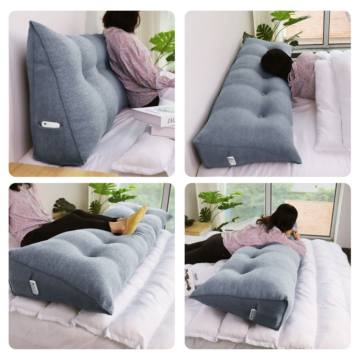WOWMAX Bed Rest Wedge Reading Pillow Headboard Bolster Cushion Gray