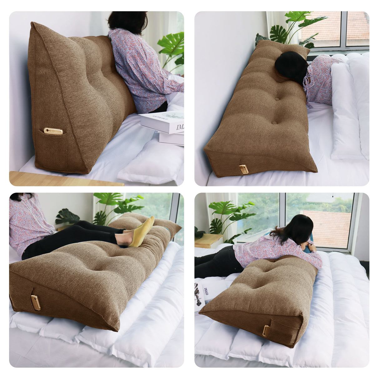 WOWMAX Bed Wedge Pillow Bolster Brown Linen Blend Lumbar Back Support