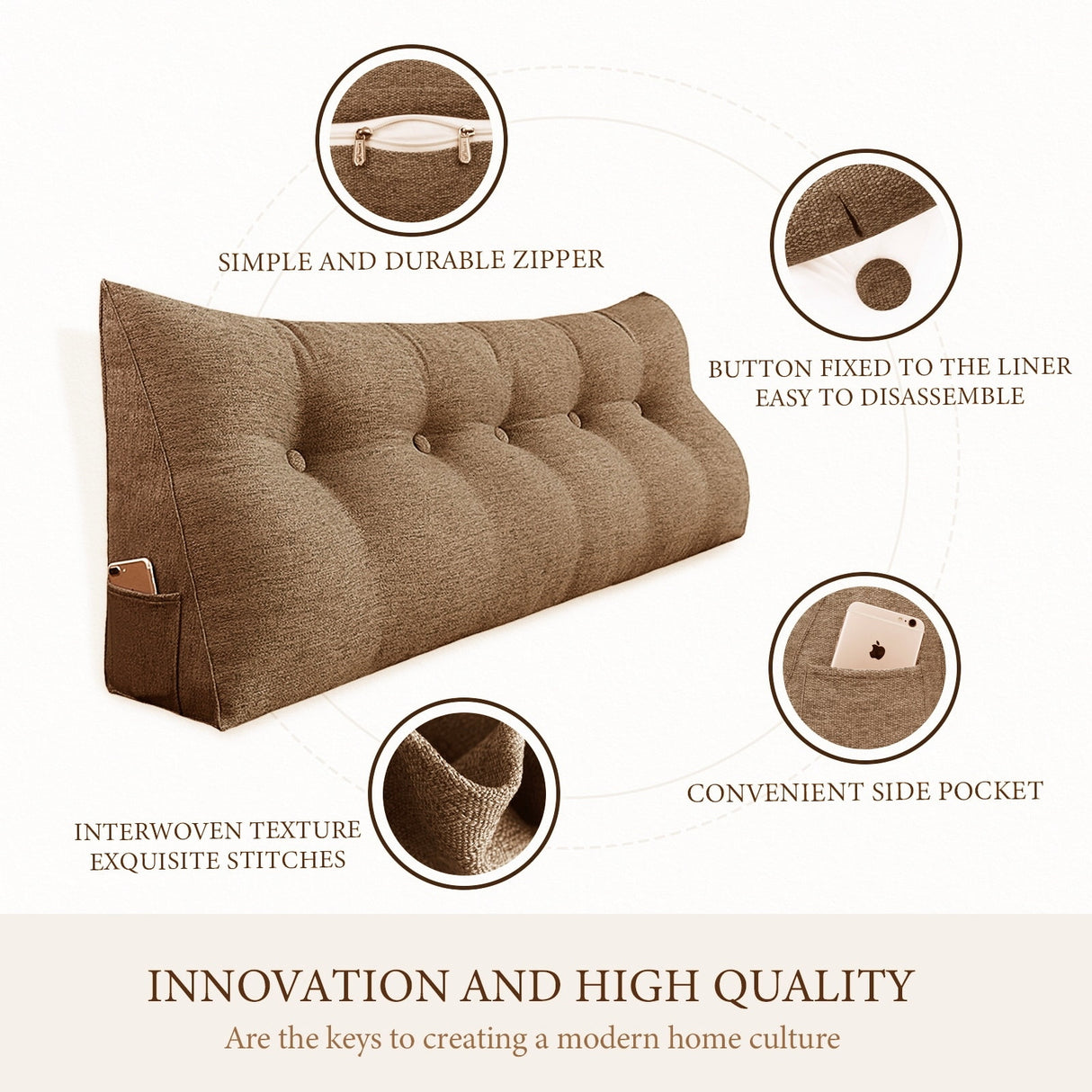 WOWMAX Bed Wedge Pillow Bolster Brown Linen Blend Lumbar Back Support